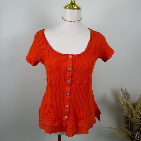 Soft Surroundings Tops - Soft Surroundings Orange Short Sleeve Ribbed Knit Button-Front Top - Size Small